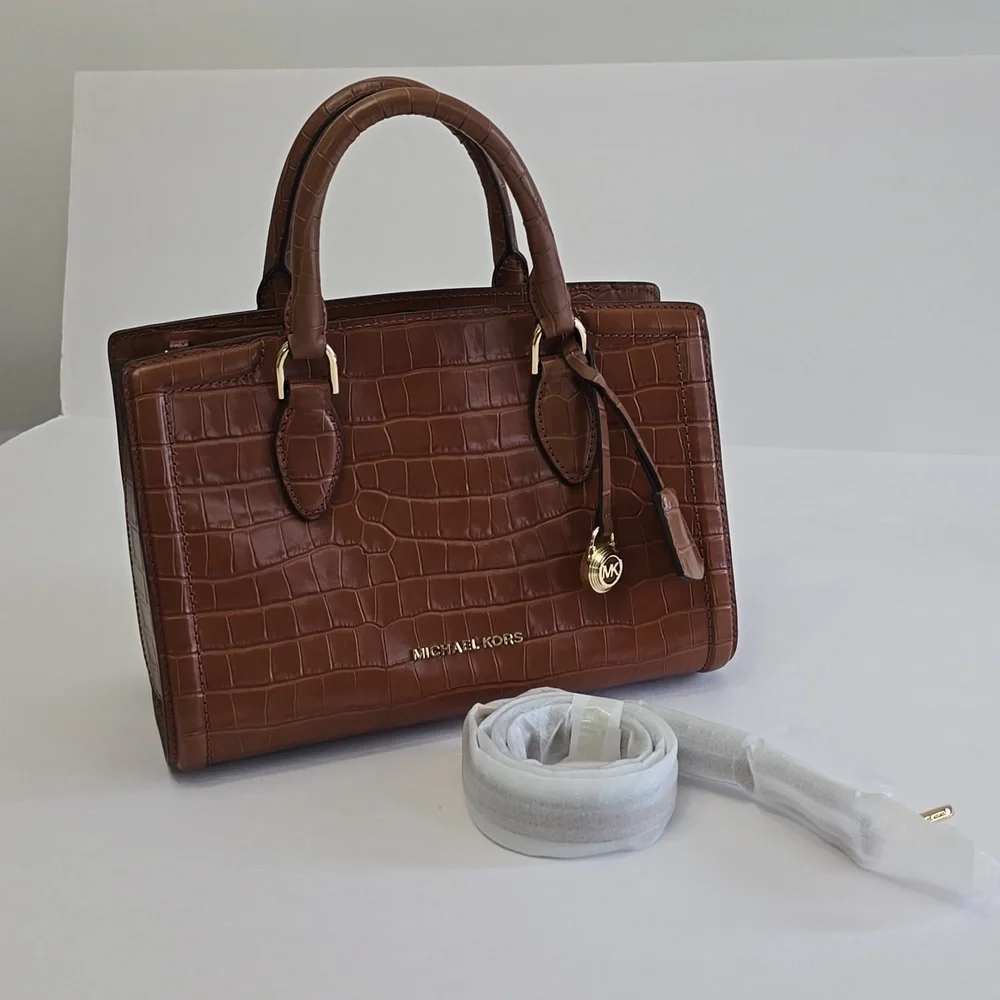 New Michael Kors Zoe Croc Embossed Leather Satchel Handbag Crosdbody Brown